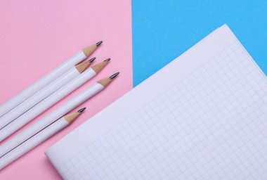 Mavi pembe arka planda kalemleri olan defter.