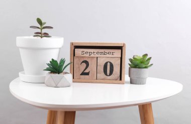 Wooden calendar organizer with date September 20 and decorative plants on table