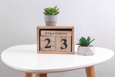 23 Eylül tarihli ahşap takvim düzenleyici ve masa üzerinde dekoratif bitkiler