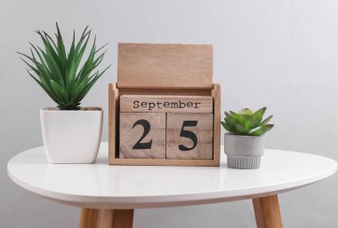 25 Eylül tarihli ahşap takvim düzenleyici ve masa üzerinde dekoratif bitkiler