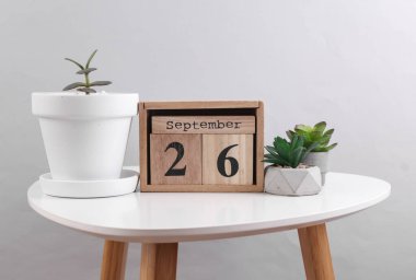 26 Eylül tarihli ahşap takvim düzenleyici ve masa üzerinde dekoratif bitkiler