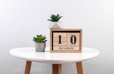 10 Ekim tarihli ahşap takvim düzenleyici ve masa üzerinde dekoratif bitki