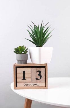 13 Ekim tarihli ahşap takvim düzenleyici ve masa üzerinde dekoratif bitki