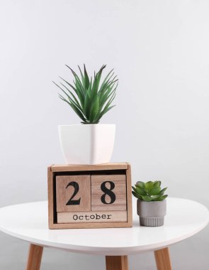 28 Ekim tarihli ahşap takvim düzenleyici ve masa üzerinde dekoratif bitkiler
