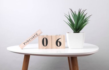 6 Kasım tarihli ahşap takvim düzenleyici ve masa üzerinde dekoratif bitki