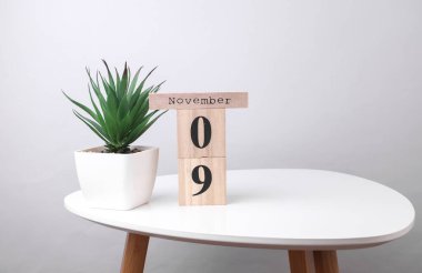 9 Kasım tarihli ahşap takvim düzenleyici ve masa üzerinde dekoratif bitki