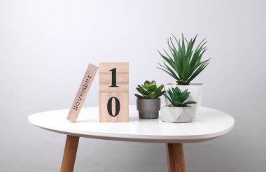 10 Kasım tarihli ahşap takvim düzenleyici ve masa üzerinde dekoratif bitki