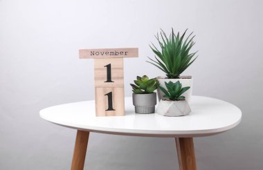 11 Kasım tarihli ahşap takvim düzenleyici ve masa üzerinde dekoratif bitki