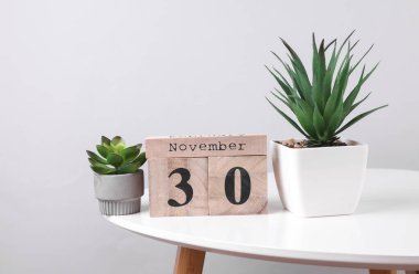 30 Kasım tarihli ahşap takvim düzenleyici ve masa üzerinde dekoratif bitki