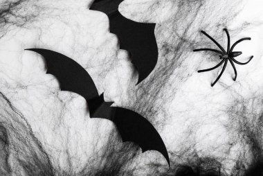 Siyah dekoratif ağ, beyaz arka planda örümcek ve yarasalar. Cadılar Bayramı Dekorasyonu