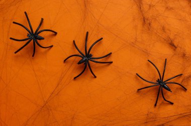 Turuncu arka planda örümcekler olan siyah dekoratif ağ. Cadılar Bayramı Dekorasyonu.