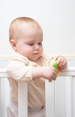 Sevimli bebek beşiğinde çıngırakla oynuyor