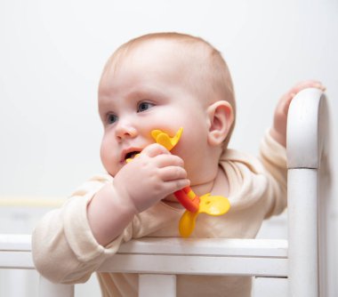 Sevimli bebek beşiğinde çıngırakla oynuyor