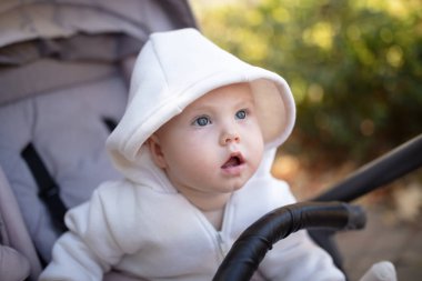 Bebek arabasındaki sevimli küçük bebek portresi.