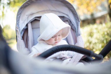 Bebek arabasındaki sevimli küçük bebek portresi.