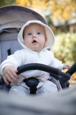 Bebek arabasındaki sevimli küçük bebek portresi.