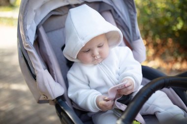 Bebek arabasındaki sevimli küçük bebek portresi.