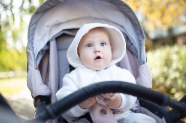 Bebek arabasındaki sevimli küçük bebek portresi.