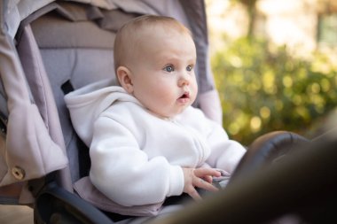 Bebek arabasındaki sevimli küçük bebek portresi.