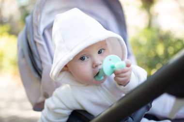 Kapüşonlu, dişlek, dışarıda bebek arabasında oturan tatlı bir bebek.