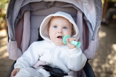 Kapüşonlu, dişlek, dışarıda bebek arabasında oturan tatlı bir bebek.