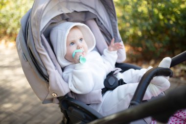 Kapüşonlu, dişlek, dışarıda bebek arabasında oturan tatlı bir bebek.