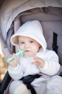 Kapüşonlu, dişlek, dışarıda bebek arabasında oturan tatlı bir bebek.