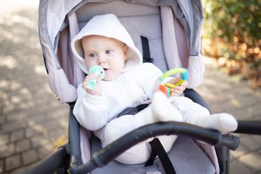 Kapüşonlu, dişlek, dışarıda bebek arabasında oturan tatlı bir bebek.