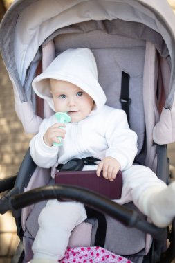 Kapüşonlu, dişlek, dışarıda bebek arabasında oturan tatlı bir bebek.