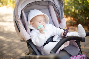 Kapüşonlu, dişlek, dışarıda bebek arabasında oturan tatlı bir bebek.