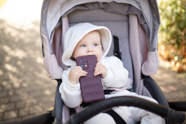 Kapüşonlu küçük şirin bebek akıllı telefonuyla oynuyor ve dışarıda bebek arabasında oturuyor.