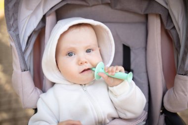 Kapüşonlu, dişlek, dışarıda bebek arabasında oturan tatlı bir bebek.