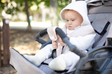 Küçük şirin bebek dışarıda bebek arabasında oturuyor.