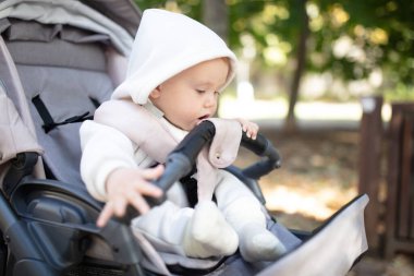 Küçük şirin bebek dışarıda bebek arabasında oturuyor.