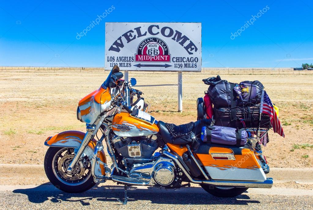 Adrian, U.S.A. - May 21, 2011: Texas, a motorcycle in front of  the Mid Point Cafe on the Route 66