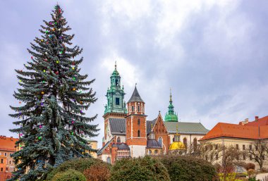Cracow, Polonya, bir Noel ağacı Wawel tepesindeki St. Waclaw Katedrali, arka planda.