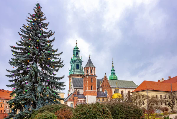 Cracow, Polonya, bir Noel ağacı Wawel tepesindeki St. Waclaw Katedrali, arka planda.