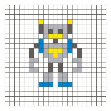 Temiz bir ızgara düzeni üzerinde geometrik kare renk bloklarından yapılmış düz bir piksel tasarımı. Eğitici oyun unsurları, simgeler ya da el sanatları modelleri için uygundur. Piksel Sanat Robotu