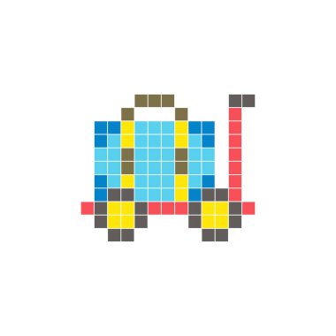 Temiz bir ikon düzeninde geometrik kare renk bloklarından yapılmış düz bir piksel tasarımı. Yaratıcı modern elementler, izole eşyalar ya da parlak zanaat projeleri için uygundur. Piksel sanat valizi ve bir bavul.