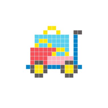 Temiz bir ikon düzeninde geometrik kare renk bloklarından yapılmış düz bir piksel tasarımı. Yaratıcı modern elementler, izole eşyalar ya da parlak zanaat projeleri için uygundur. Piksel sanat valizleri ve çantalar.