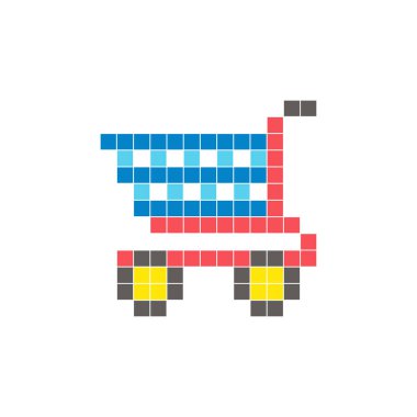 Temiz bir ikon düzeninde geometrik kare renk bloklarından yapılmış düz bir piksel tasarımı. Yaratıcı modern elementler, izole eşyalar ya da parlak zanaat projeleri için uygundur. Piksel sanat alışveriş arabası