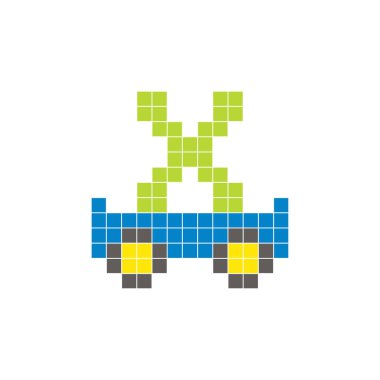 Temiz bir ikon düzeninde geometrik kare renk bloklarından yapılmış düz bir piksel tasarımı. Yaratıcı modern elementler, izole eşyalar ya da parlak zanaat projeleri için uygundur. Resim arabası ve X harfi.