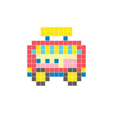 Temiz bir ikon düzeninde geometrik kare renk bloklarından yapılmış düz bir piksel tasarımı. Yaratıcı modern elementler, izole eşyalar ya da parlak zanaat projeleri için uygundur. Pikselli yemek arabası.