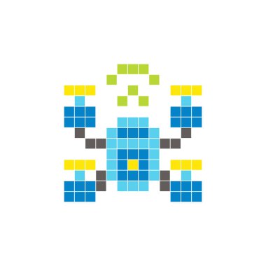 Temiz bir ikon düzeninde geometrik kare renk bloklarından yapılmış düz bir piksel tasarımı. Yaratıcı modern elementler, izole eşyalar ya da parlak zanaat projeleri için uygundur. Piksel sanat dronu