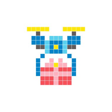 Temiz bir ikon düzeninde geometrik kare renk bloklarından yapılmış düz bir piksel tasarımı. Yaratıcı modern elementler, izole eşyalar ya da parlak zanaat projeleri için uygundur. Piksel resim dronu ve hediye kutusu