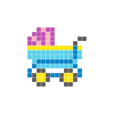 Temiz bir ikon düzeninde geometrik kare renk bloklarından yapılmış düz bir piksel tasarımı. Yaratıcı modern elementler, izole eşyalar ya da parlak zanaat projeleri için uygundur. Pikselli bebek arabası