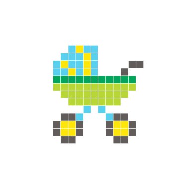 Temiz bir ikon düzeninde geometrik kare renk bloklarından yapılmış düz bir piksel tasarımı. Yaratıcı modern elementler, izole eşyalar ya da parlak zanaat projeleri için uygundur. Pikselli bebek arabası