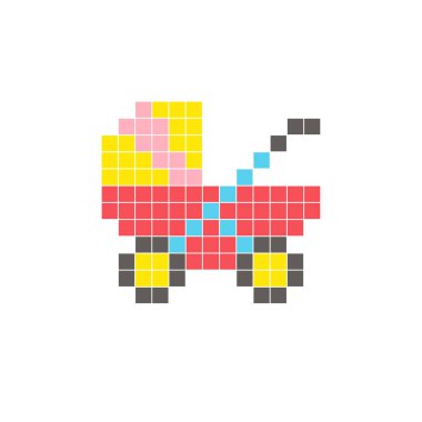 Temiz bir ikon düzeninde geometrik kare renk bloklarından yapılmış düz bir piksel tasarımı. Yaratıcı modern elementler, izole eşyalar ya da parlak zanaat projeleri için uygundur. Pikselli bebek arabası