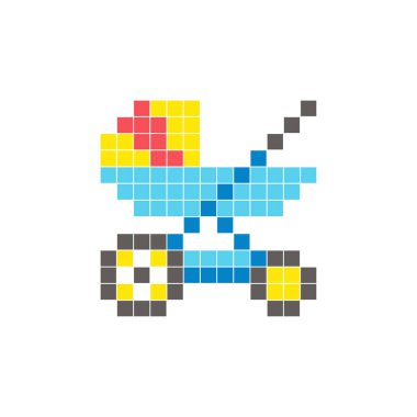 Temiz bir ikon düzeninde geometrik kare renk bloklarından yapılmış düz bir piksel tasarımı. Yaratıcı modern elementler, izole eşyalar ya da parlak zanaat projeleri için uygundur. Pikselli bebek arabası