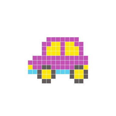 Temiz bir ikon düzeninde geometrik kare renk bloklarından yapılmış düz bir piksel tasarımı. Yaratıcı modern elementler, izole eşyalar ya da parlak zanaat projeleri için uygundur. Piksel sanat elektrikli araba